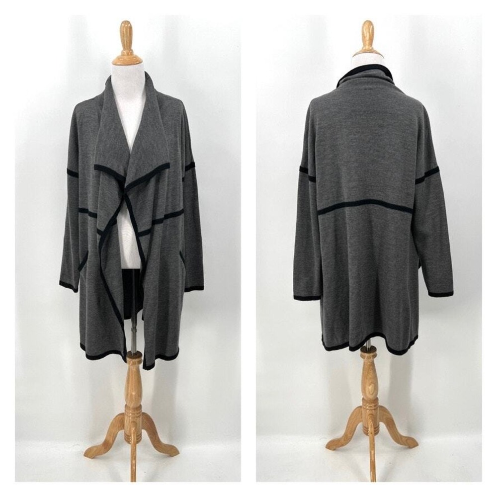 EILEEN FISHER Cardigan Sweater Women Gray Open Front Merino Wool Drape Neck Cozy